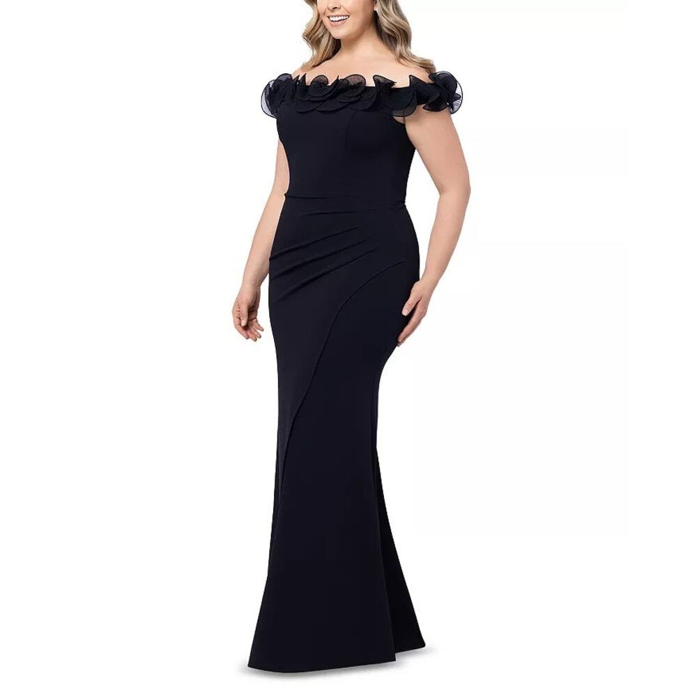 NWT Xscape Black Scuba Crepe Off-The-Shoulder Ruffle Neck Mermaid Dress Size 16W - Picture 4 of 4